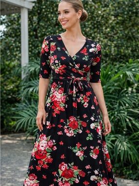 Black Floral Maxi Wrap Dress with Tie Waist